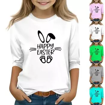 Детская футболка с рукавом 3/4, повседневная футболка с принтом, круглый вырез, блузка-пуловер 160 розовый