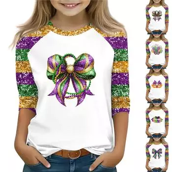 Детская футболка с рукавом 3/4, повседневная футболка с принтом, круглый вырез, блузка-пуловер 140 красный