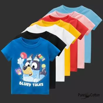 Детская футболка с веселым мультяшным принтом Bluey, легкая и удобная на вид, с веселым цветным рисунком, впитывающая влагу. 3T(100cm)