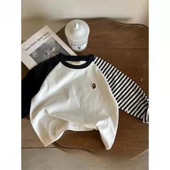 Детская футболка, весенняя полосатая нижняя рубашка для мальчиков, топы в корейском стиле с длинными рукавами для девочек, новая весенняя детская одежда 90cm