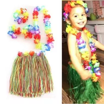 Детская гавайская юбка из травы, повязка для волос, браслет, гирлянда, набор, декорации для выступлений 40cm оранжевый