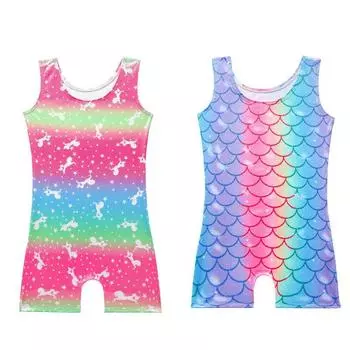 Детская гимнастическая одежда без рукавов для девочек 5-14 лет, цельная красочная танцевальная одежда 6
