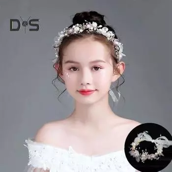 Детская гирлянда-повязка на голову с лентой, искусственный цветок, декор из искусственного жемчуга, гирлянда принцессы для девочек, головной убор белый
