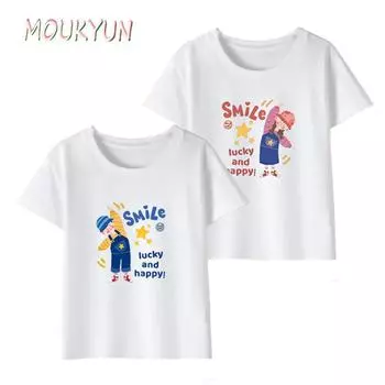 Детская хлопковая футболка белого цвета 100-140 летняя блузка для мальчиков и девочек с круглым вырезом и рисунком повседневные топы 110