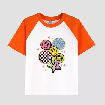 Детская хлопковая футболка с короткими рукавами и цветочным принтом, круглый вырез, стильный повседневный топ для девочек на лето 100cm