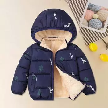 Детская хлопковая куртка для детей от 2 до 6 лет, унисекс, зимнее пальто со съемным капюшоном, рождественский принт с изображением лося, на флисовой подкладке, ветрозащитная верхняя одежда на молнии с карманами 90 cm синий