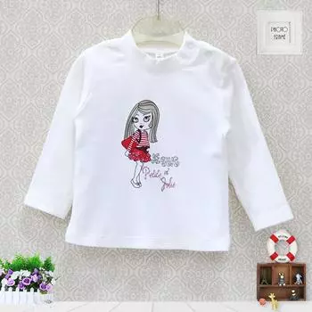 Детская хлопковая нижняя рубашка для девочек, футболка с длинными рукавами и пуговицами для отдыха, рубашка с круглым воротником из мультфильма, верхняя одежда 80 белый