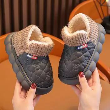 Детская хлопковая обувь для зимы, теплая, плюс бархат, утолщенная искусственная кожа, водонепроницаемая, мягкая подошва, нескользящая, с рисунком кролика, для мальчиков и девочек, детские туфли 22-35 22-23 чёрный