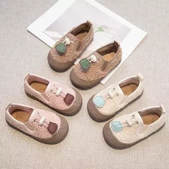 Детская хлопковая обувь на мягкой подошве, детская повседневная обувь с круглым носком, универсальная, для девочек, простая, плюшевая, на плоской подошве, зимняя, новая 22 хаки