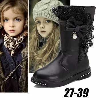 Детская хлопковая обувь Теплые сапоги Осенне-зимние высокие кожаные сапоги для девочек 37 чёрный