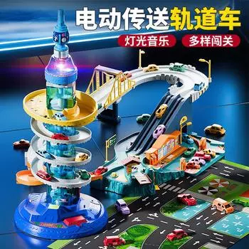 Детская игрушечная машинка для парковки в башне небоскреба, вращающаяся горка со звуком и светом, игрушечная электрическая железнодорожная машина синий