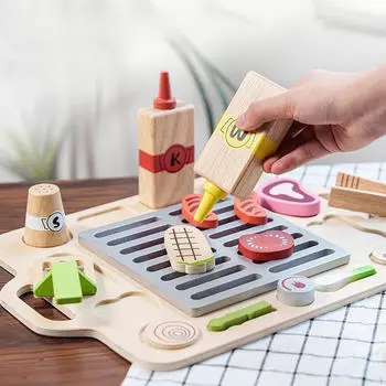 Детская игрушка для барбекю, гриля, кухонные принадлежности, ролевая игра с едой, деревянный набор для приготовления пищи