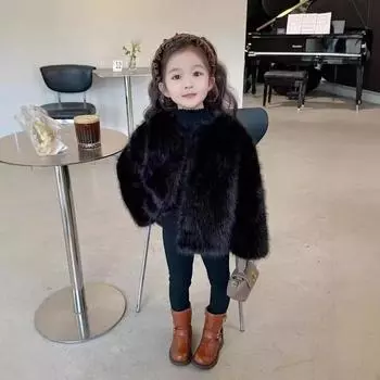 Детская искусственная лисья шуба из меха, новинка 2024 года, осень-зима, корейская версия, для девочек, иностранный стиль, шуба из меха 100cm чёрный