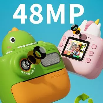 Детская камера 48MP Передняя и задняя детская камера с печатью Многофункциональная камера с термопечатью для детей Green Dinosaur зелёный