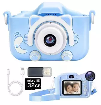 Детская камера, игрушечная камера 1080P HD 32 ГБ с картой памяти, видеокамера с 8-кратным зумом, дюймовым IPS-экраном и функцией игры, возраст 4 года, 5 лет, 6 лет. Вход синий