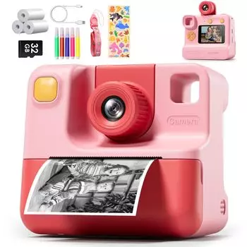 Детская камера моментальной печати, детская камера моментальной печати 1080P, цифровая видеокамера HD для малышей, 3 листа бумаги для печати и карта памяти 32G розовый