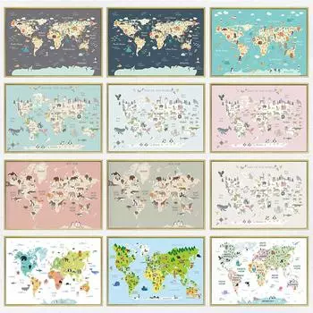 Детская карта мира, печать плакатов, пастельная тема с животными, образовательный холст, настенный художественный декор, картины, живопись для декора детской комнаты, искусство 21x30cm No Frame