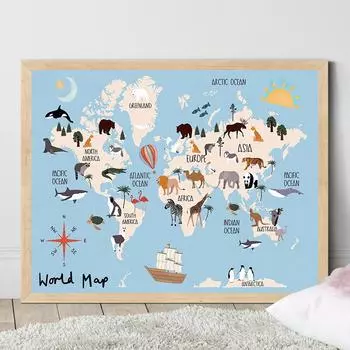 Детская карта мира животных, детский постер, современный настенный художественный холст, картина для игровой комнаты, детская комната, украшение дома, подарок 21x30cm No Frame