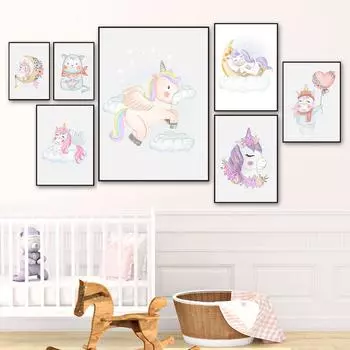 Детская картина с мультяшным принтом, скандинавский фиолетовый единорог, комната для девочек, красочный настенный художественный холст, постер, детские украшения, фотографии, декор 21cm30cm NoFrame