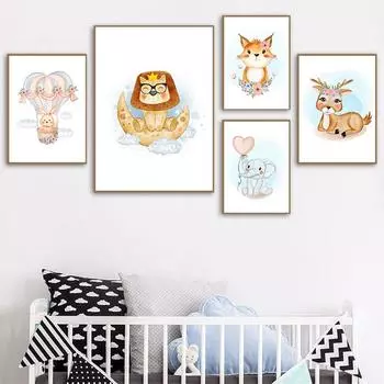Детская картина с принтом, скандинавский ребенок, лев, слон, детский постер, настенная живопись с животными, картина на холсте, украшение для детской комнаты, изображение 21cm30cm NoFrame