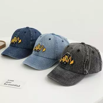 Детская кепка Yousheng Unisex, выстиранная джинсовая кепка в стиле ретро с вышивкой в виде экскаватора, с длинными полями, защита от солнца, защита от ультрафиолетового излучения, уличная кепка от солнца