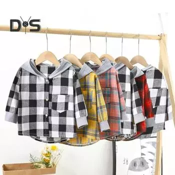 Детская клетчатая рубашка с капюшоном, весна-осень, нагрудный карман, застежка на пуговицы, свободная повседневная одежда для мальчиков и девочек, детская верхняя куртка с длинными рукавами для малышей 110 cm красный черный