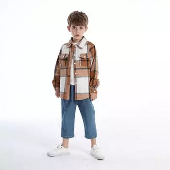 Детская клетчатая рубашка, весенне-осеннее пальто-рубашка с двумя карманами на груди 130