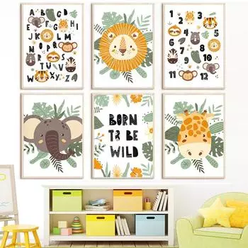 Детская комната с алфавитом, настенная живопись, лев, жираф, слон, постеры и принты, мультяшные листья, холст, картина, декор для детской комнаты 21x30cm No Frame