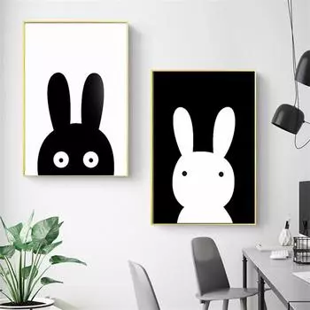 Детская комната в скандинавском стиле, черно-белое украшение с изображением кролика, картина для детей, настенная живопись на холсте, украшение для дома 21cm30cm NoFrame