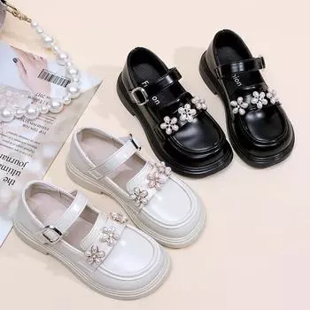 Детская кожаная обувь 2024 Весна Осень Черные школьные туфли для девочек Модные элегантные детские повседневные туфли принцессы на плоской подошве Sweet Flower 26 бежевый