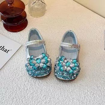 Детская кожаная обувь блестящие кристаллы туфли на плоской подошве с круглым носком пайетки 2025 новая детская обувь принцессы мягкая подошва нескользящая 23 синий