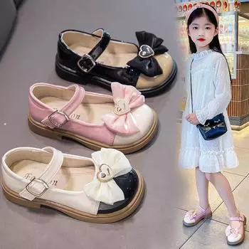 Детская кожаная обувь для девочек, студенческая танцевальная обувь с бантом, обувь принцессы для девочек 26 чёрный