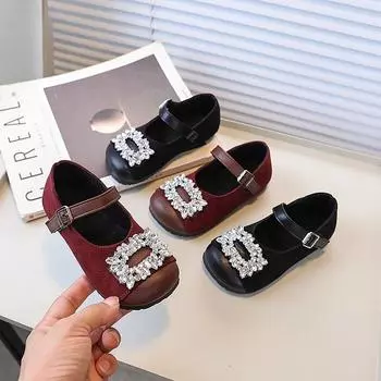 Детская кожаная обувь для свадебной вечеринки, универсальная, роскошная, для девочек, плоская обувь, со стразами, повседневная, детская, модная, принцесса, обувь на мелкой подошве 23 чёрный