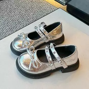 Детская кожаная обувь, модные туфли Мэри Джейн с заклепками для девочек, повседневные туфли с толстой подошвой для детей в стиле Лолиты, универсальные туфли принцессы 26 серебряный