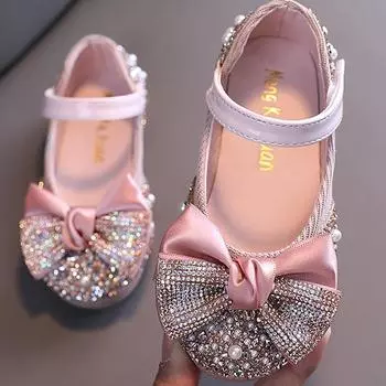 Детская кожаная обувь со стразами и бантом, праздничная танцевальная обувь принцессы для девочек, детская студенческая обувь на плоской подошве, детская обувь для выступлений 30 чёрный