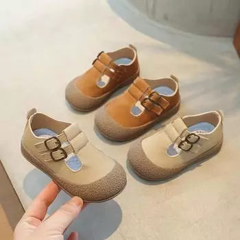Детская кожаная обувь в стиле ретро 2024 года, весна-осень, туфли на плоской подошве для девочек, корейский стиль, нескользящие, для детей и мальчиков, повседневные, прогулочные туфли с вырезом 21 хаки
