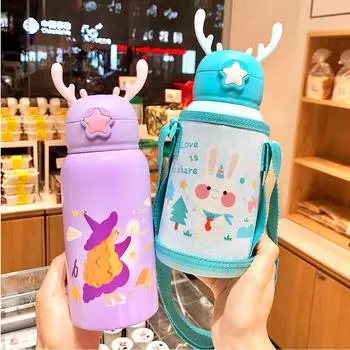 Детская кружка из нержавеющей стали с соломой, ценный онлайн-чайник с героями мультфильмов для учеников детского сада. 501-600ml