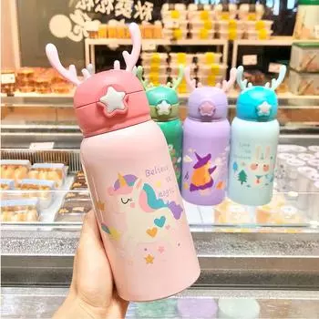 Детская кружка из нержавеющей стали с соломой для школьников детского сада, высококачественный онлайн-чайник с героями мультфильмов знаменитостей, защищающий от падения 501-600ml