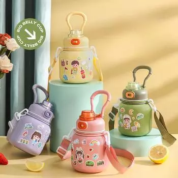 Детская кружка-термос из нержавеющей стали 316, красивая студенческая портативная соломенная чашка с ручкой для девочек, милая большая чашка для живота 480ml фиолетовый