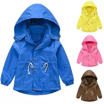Детская куртка, детская одежда, однотонная ветровка на талии для мальчиков и девочек, осенняя куртка со съемным капюшоном
