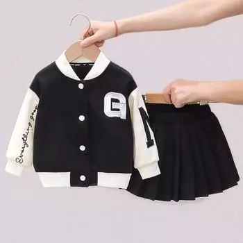 Детская куртка и плиссированная юбка для девочек, комплект из двух предметов, дизайн бейсбольной формы, повседневный топ, короткая юбка, комплект детской одежды 130