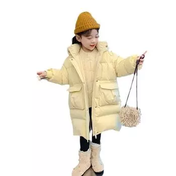 Детская куртка на гусином пуху, длинная хлопковая куртка, новый стиль, зимняя детская толстая зимняя одежда 100cm жёлтый