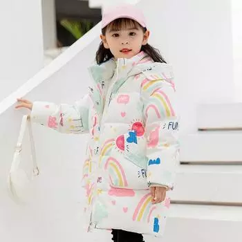 Детская куртка-пуховик для девочек средней длины, новое корейское утепленное пальто для девочек из белого утиного пуха 90cm розовый