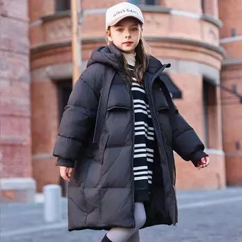 Детская куртка-пуховик для девочек средней длины, зимнее белое утиное пуховое однотонное толстое повседневное пальто 110cm розовый