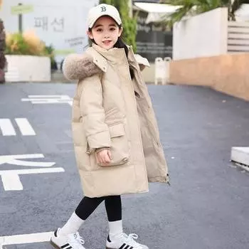 Детская куртка-пуховик средней длины для девочек, толстое белое утиное пуховое пальто в корейском стиле, теплое студенческое пальто 120cm хаки