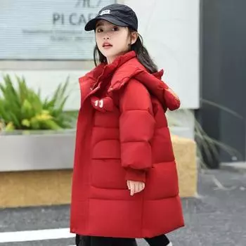 Детская куртка-пуховик, средней длины, модная, хлопковая куртка для мальчиков, зимнее толстое теплое пальто для девочек 90cm красный