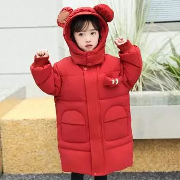 Детская куртка-пуховик, средней длины, модная, хлопковая куртка для мальчиков, зимнее толстое теплое пальто для девочек 90cm красный