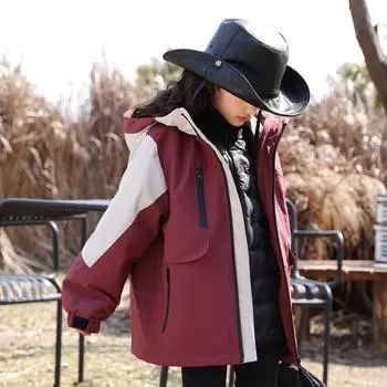 Детская куртка-пуховик Зимняя три в одном Костюм из двух предметов для детей среднего и большого возраста Теплая куртка для отдыха на открытом воздухе 130Cm (one size smaller) бордовый