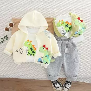 Детская куртка с длинными рукавами и принтом динозавра из мультфильма для мальчиков, комплект из трех предметов, капюшон + белый топ с круглым вырезом + повседневные брюки S бежевый