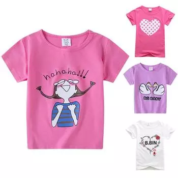 Детская летняя блузка с принтом, футболка с круглым вырезом и короткими рукавами для девочек, свободные повседневные топы 120 розы красного